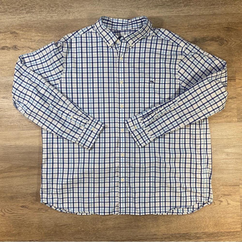 Vineyard Vines Tattersall Stretch Poplin Shirt Men's 2XL Long Sleeve Blue